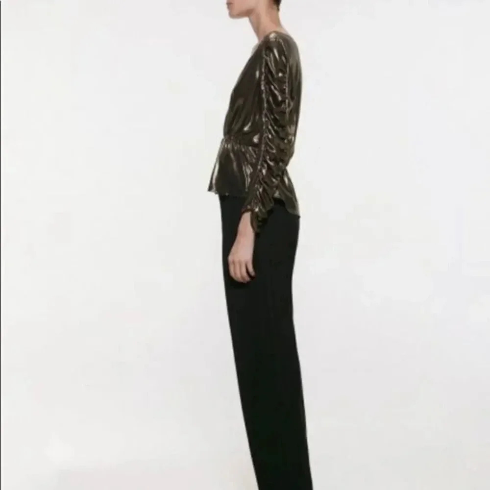 ZARA GOLD METALLIC EFFECT BLOUSE TOP WITH GATHERING - Picture 6 of 8